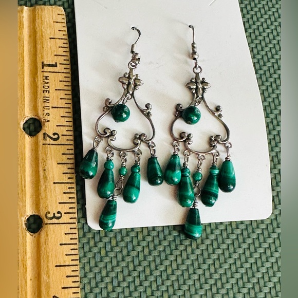 Malachite Chandelier Earrings 925 Sterling 3” - Picture 4 of 5
